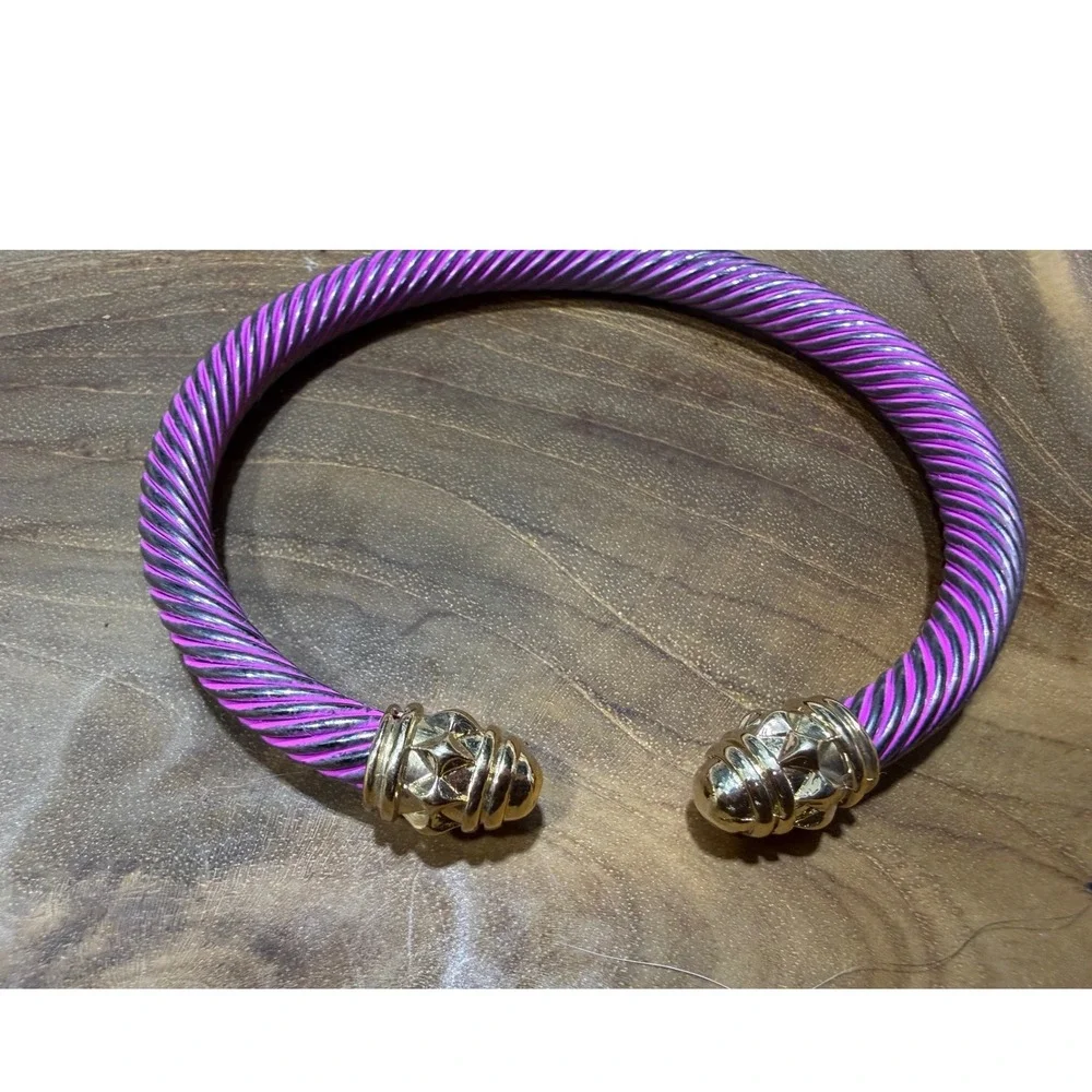 Purple Twisted Cable Cuff Bracelet Gold Tone Studded End Caps Bangle